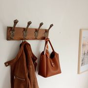 Vintage wall coat rack in patinated wood and metal – 4 double hooks