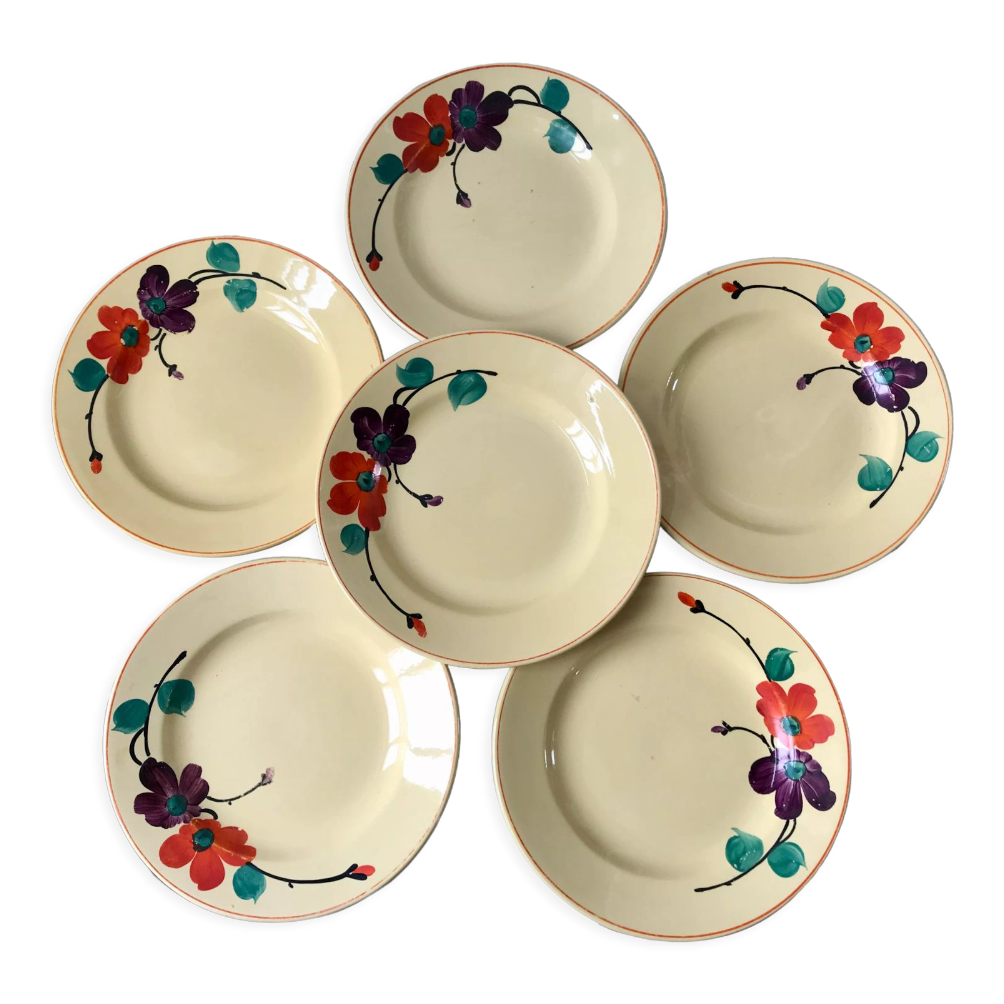 Lot de 6 assiettes plates Digoin Sarreguemines modèle "Ginette" années 30-40
