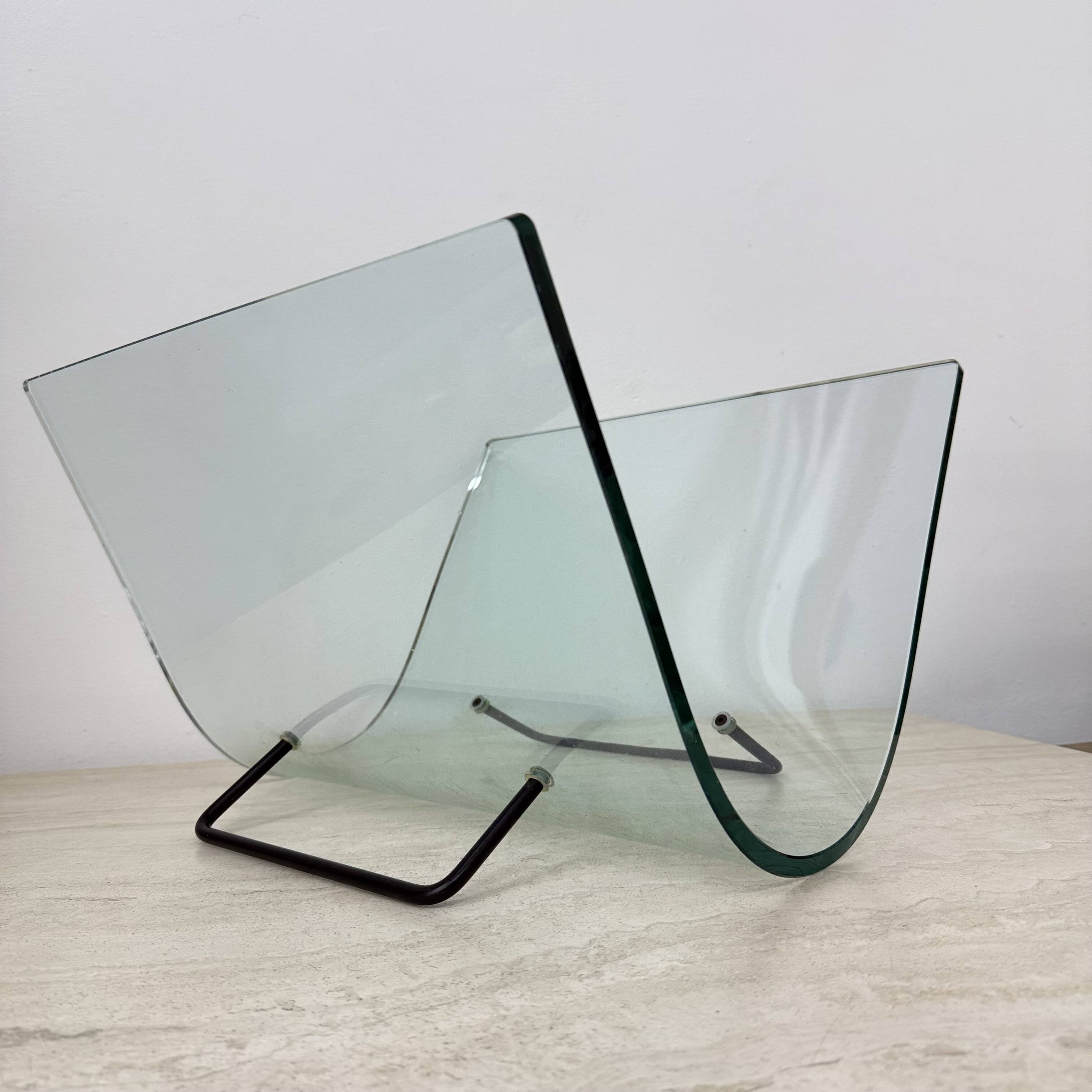 Post modern Fiam Italy curved glass magazine rack , 1980’s
