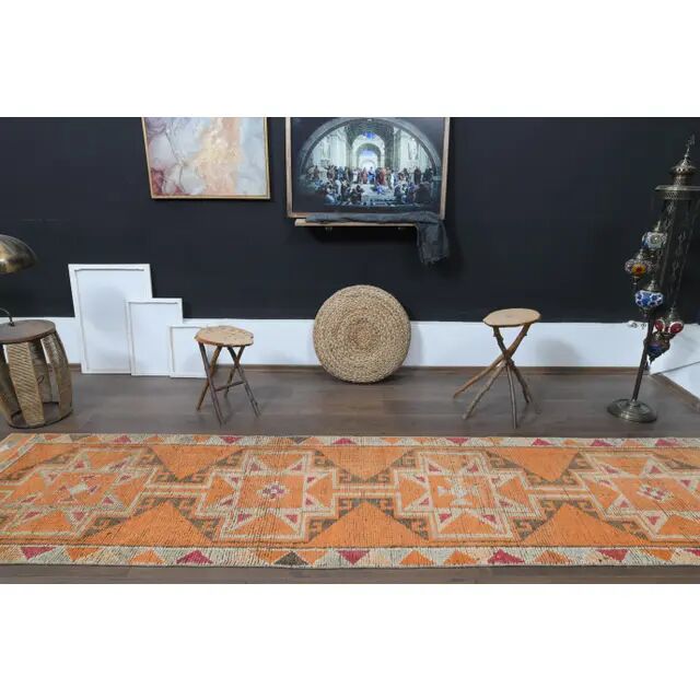 1970s Vintage Turkish Oushak Handmade Orange Runner Rug 86x367