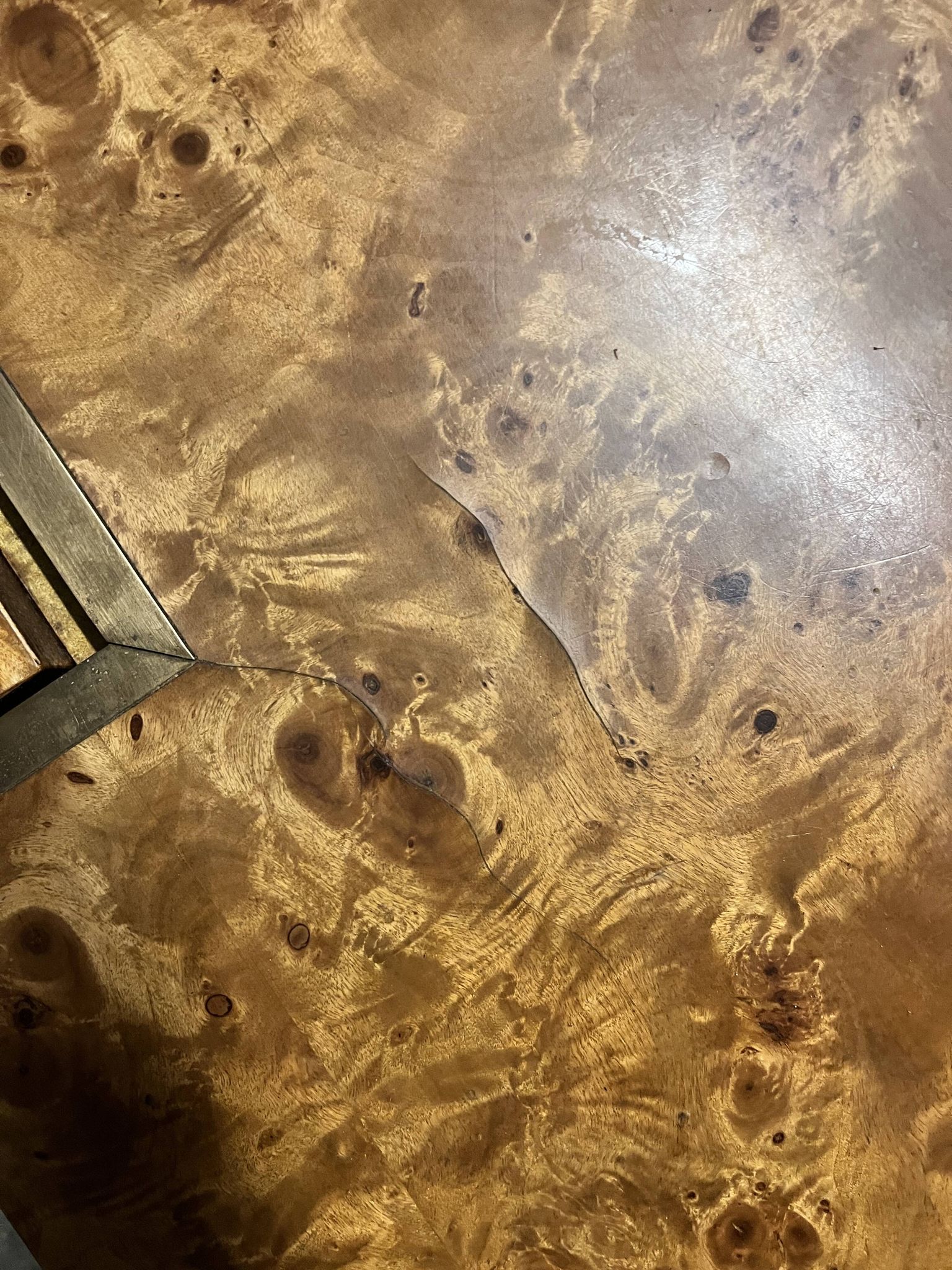 designer coffee table in elm burl with integrated drawers, Roche Bobois 1970