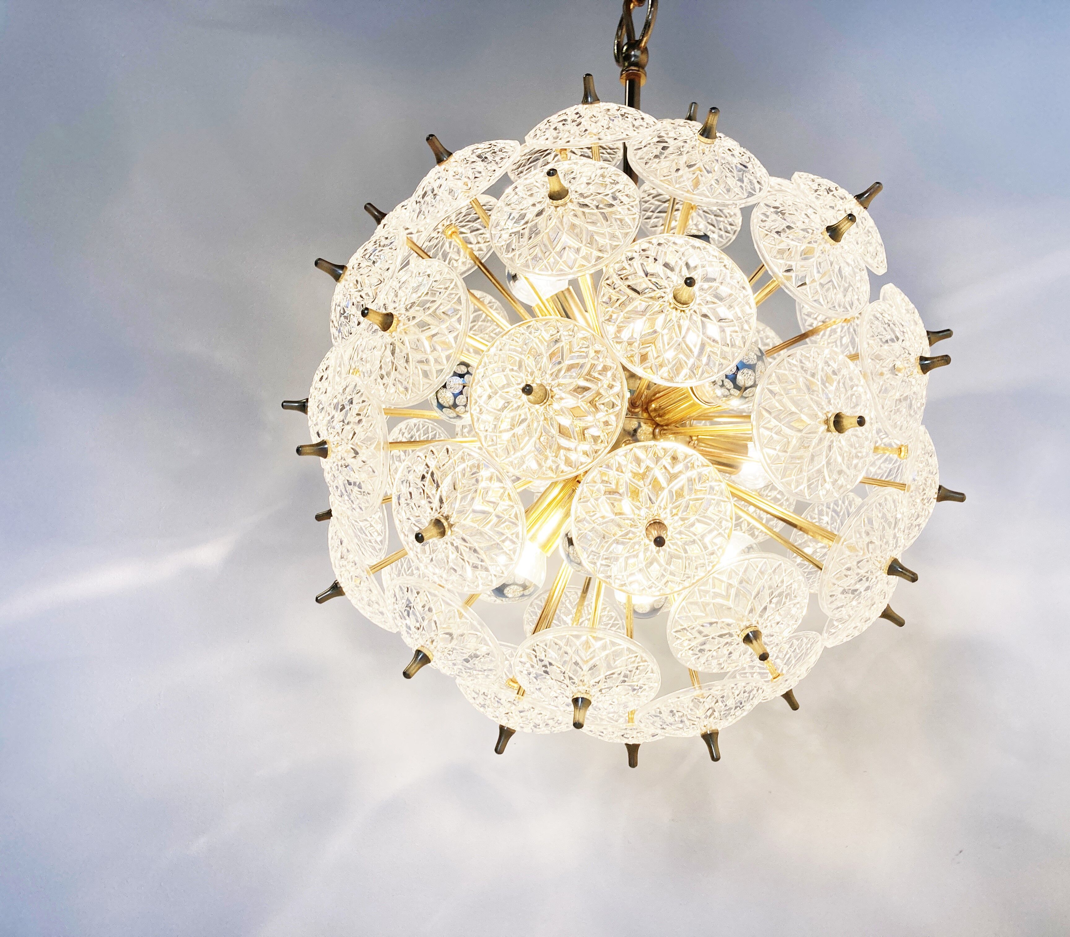 Mid century brass and crystal sputnik chandelier by Val saint lambert, 1960s