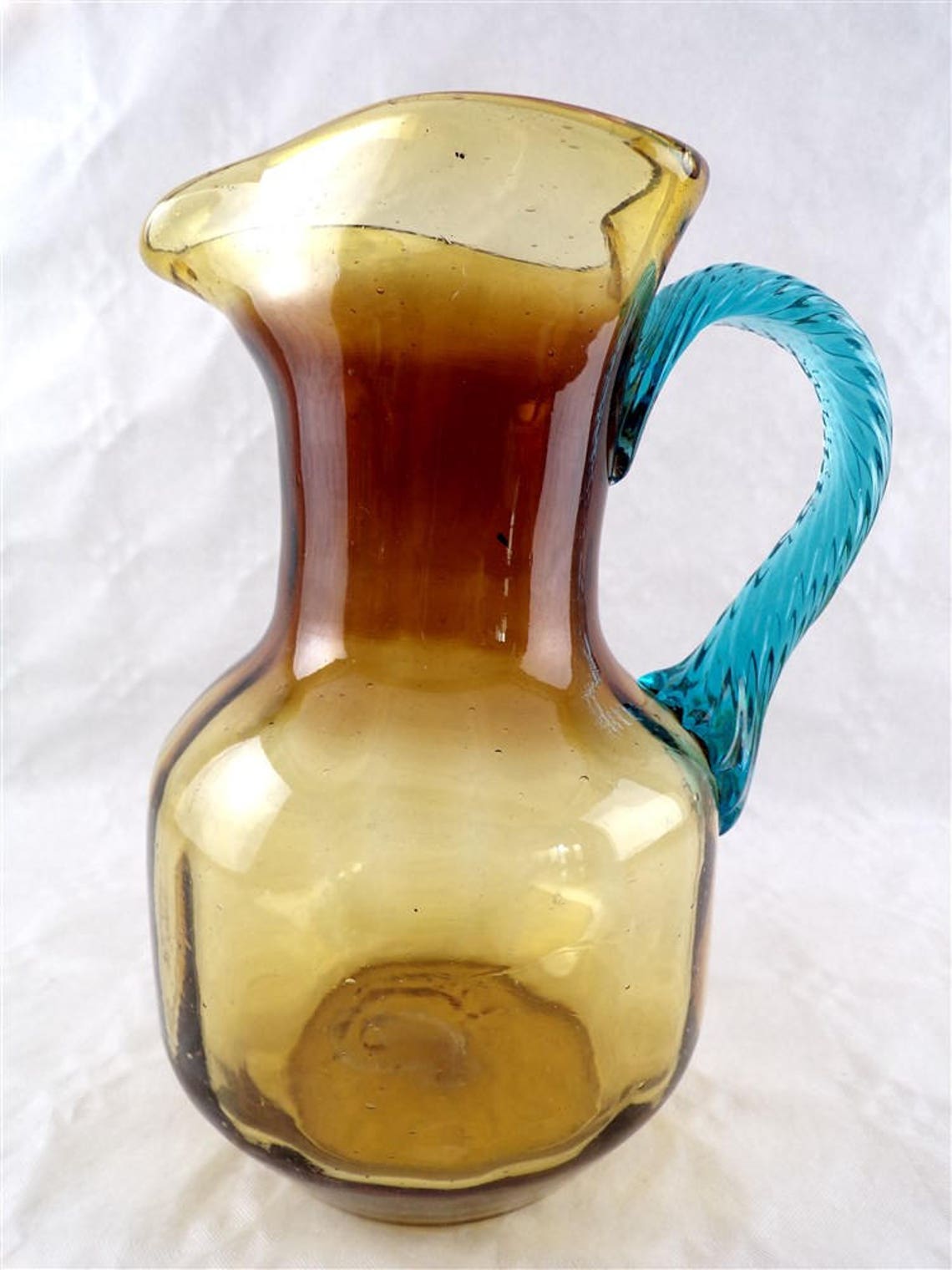 Pitcher in blown glass Portieux model Georges Sand amber and vintage blue France