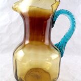 Pitcher in blown glass Portieux model Georges Sand amber and vintage blue France
