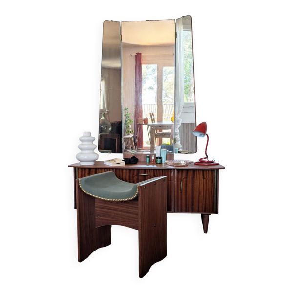 Coiffeuse vintage années 70 avec miroir triptyque & banc assorti