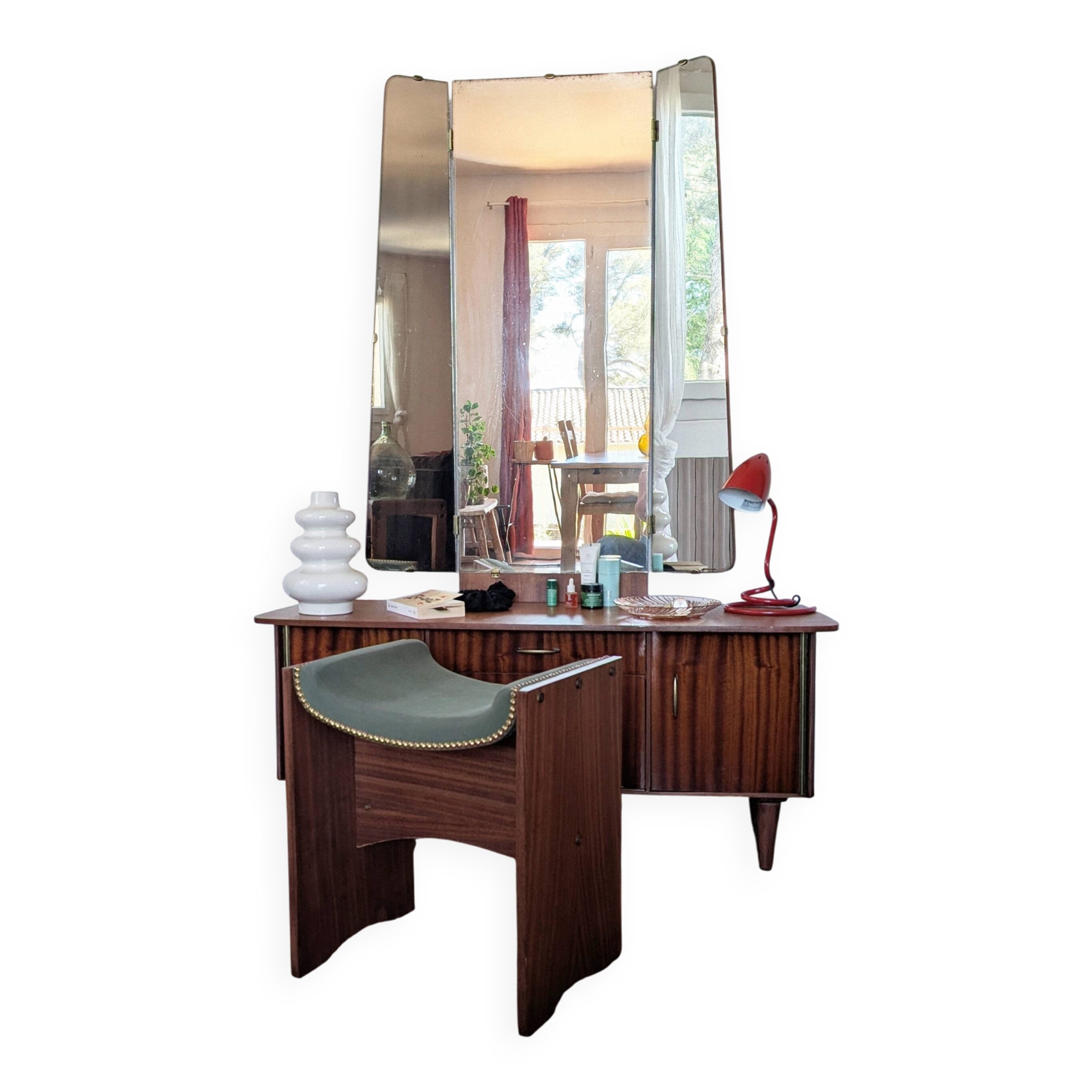 Coiffeuse vintage années 70 avec miroir triptyque & banc assorti