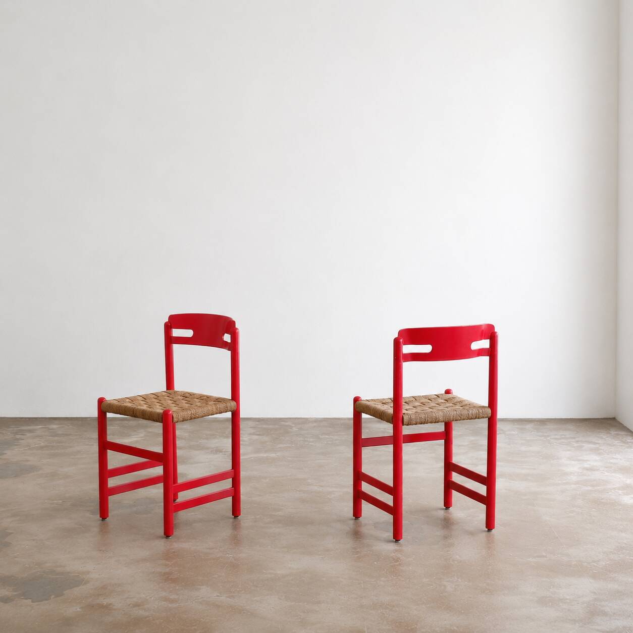 Set of 3 Swedish dining chairs in red with papercord weaving