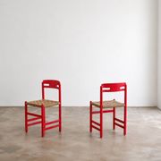 Set of 3 Swedish dining chairs in red with papercord weaving