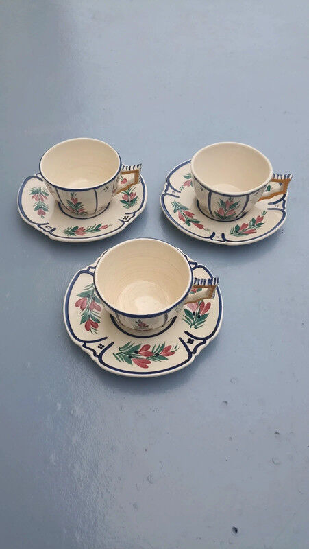 3 cups and 3 numbered Henriot Quimper earthenware saucers