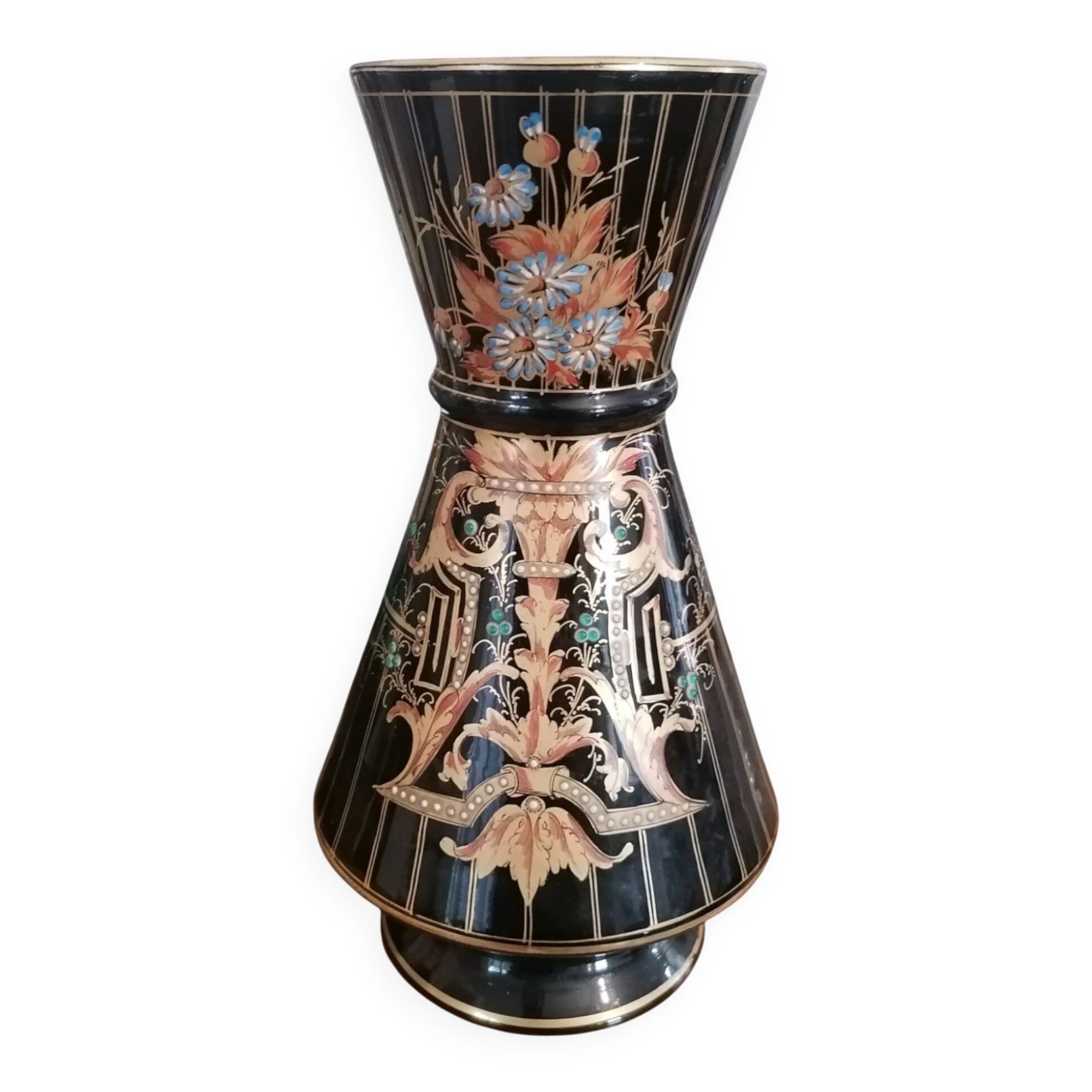 Antique black enameled glass vase