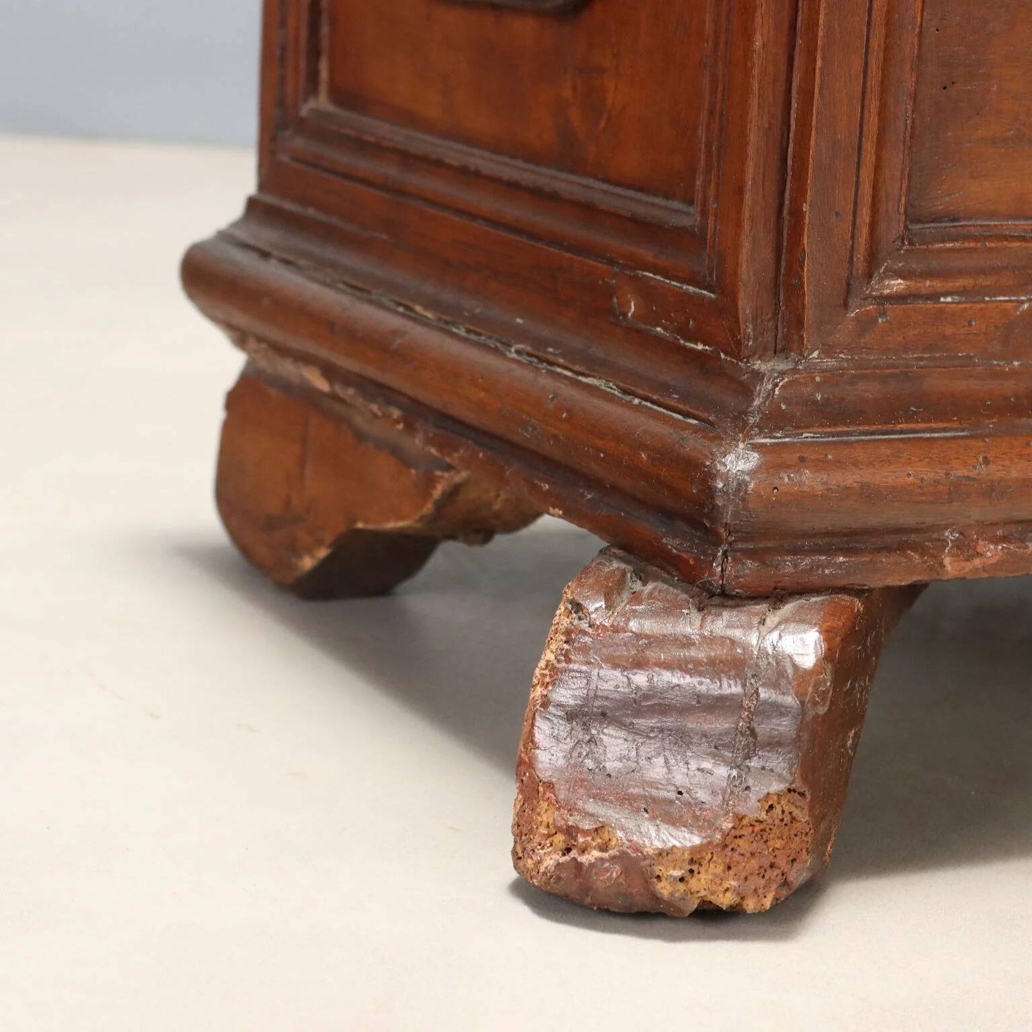 Antique walnut chest with wrought iron handles, Italy, 18th century.