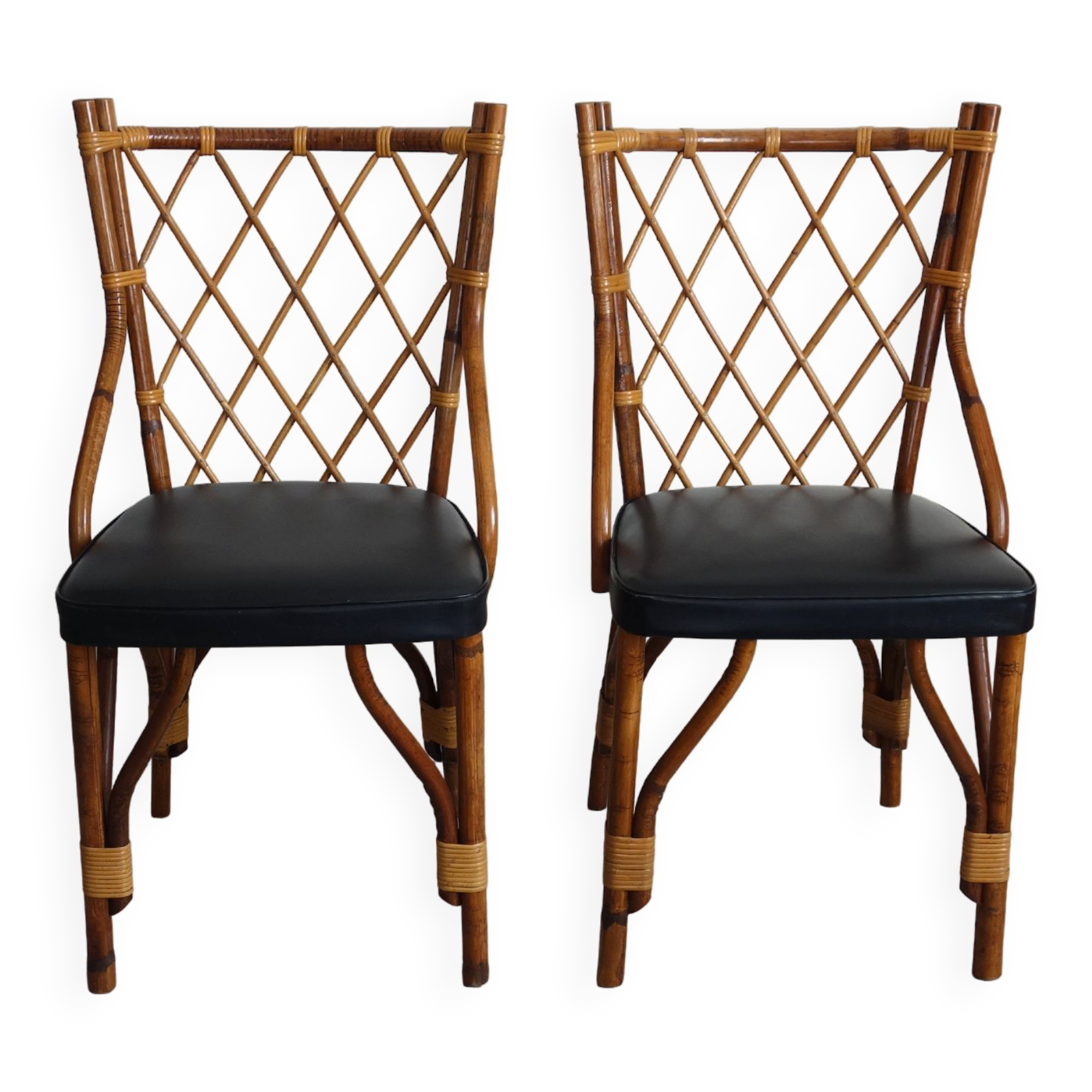 Pair of rattan and black skai bamboo chairs, 60s