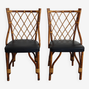 Pair of rattan and black skai bamboo chairs, 60s