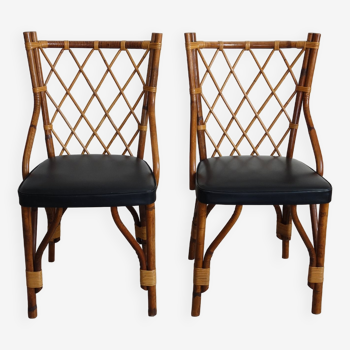Paire de chaises bambou rotin et skaï noir, années 60