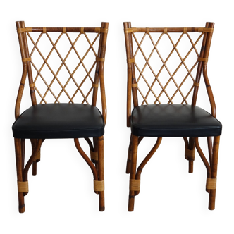 Pair of rattan and black skai bamboo chairs, 60s