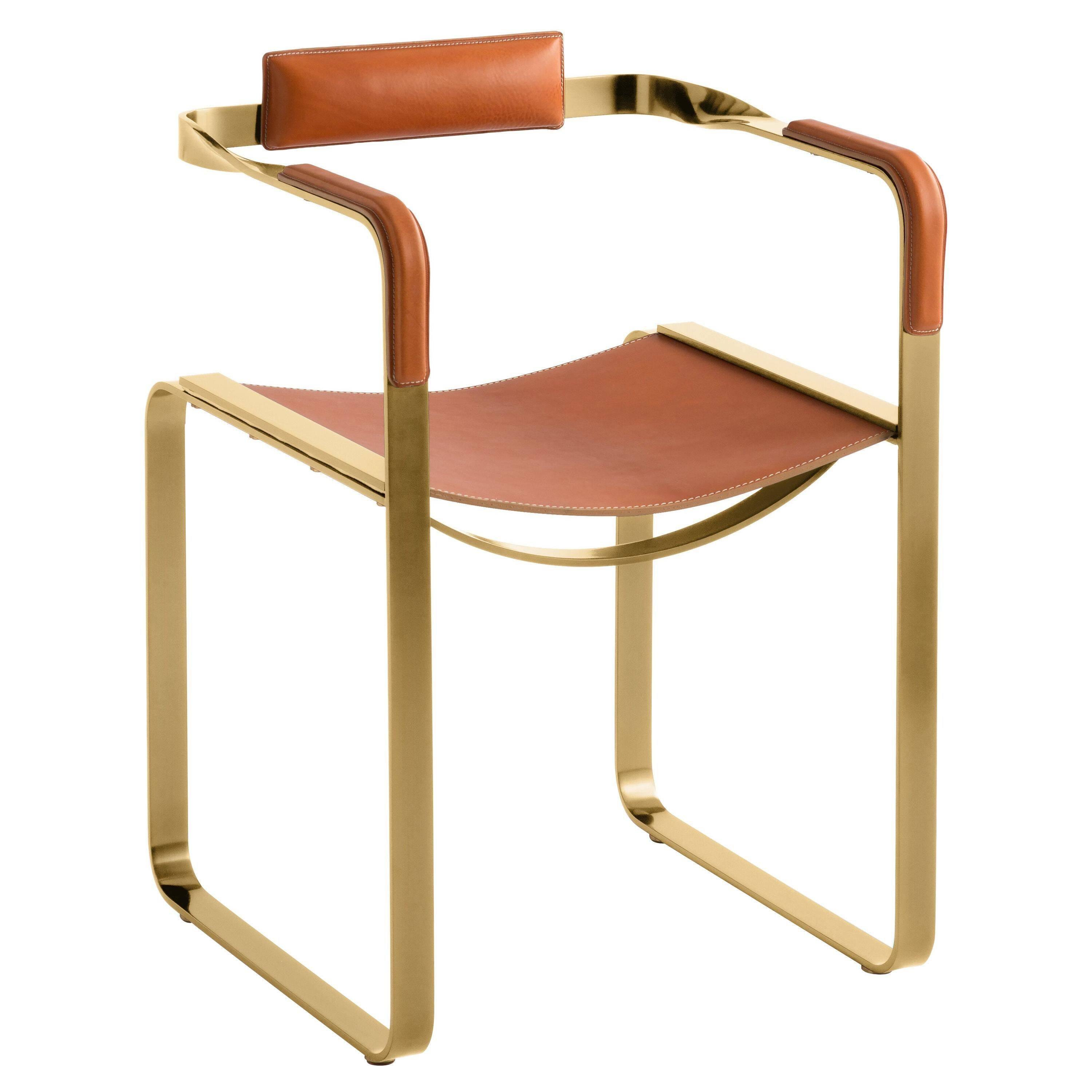 Armchair, Aged Brass Steel and Natural Tobacco Saddle Leather, Contemporary Style