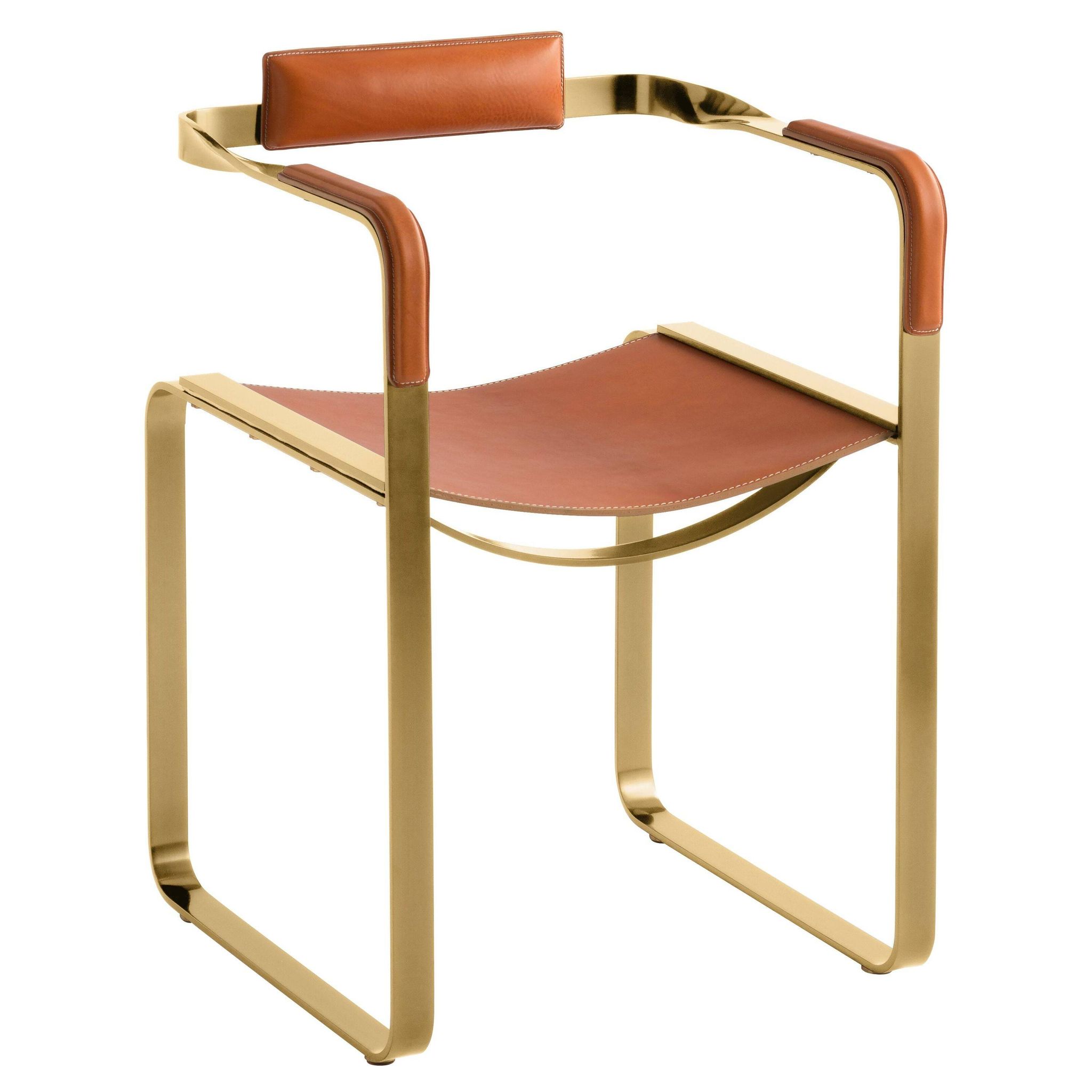 Armchair, Aged Brass Steel and Natural Tobacco Saddle Leather, Contemporary Style