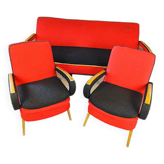 Vintage Rockabilly living room set, convertible sofa and armchairs.