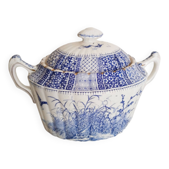 Sucrier ovale en porcelaine de Lunéville , modèle dentelle , bleu