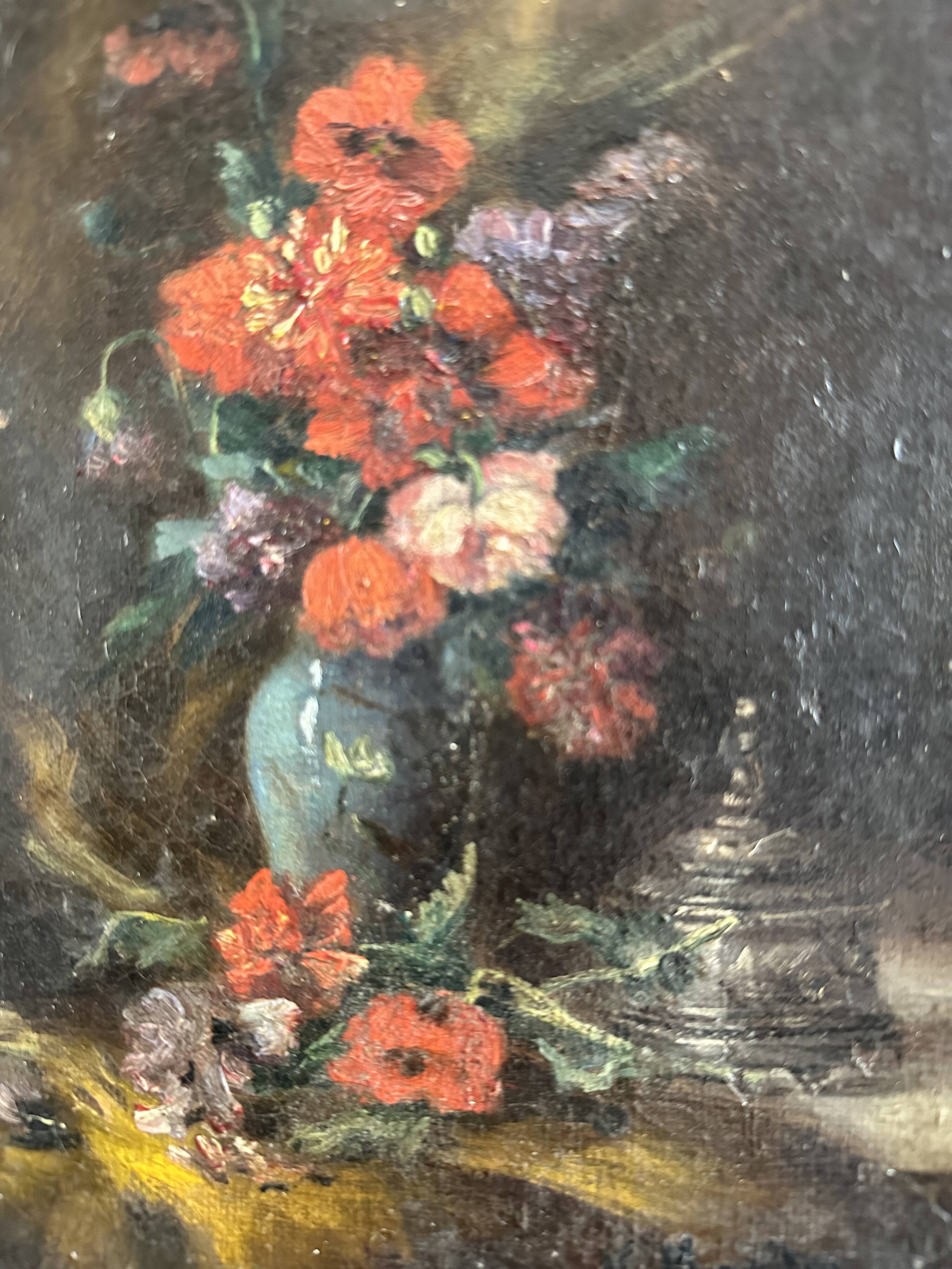 Tableau ancien fleurs signé avec cadre en bois et stuc doré, XIXe