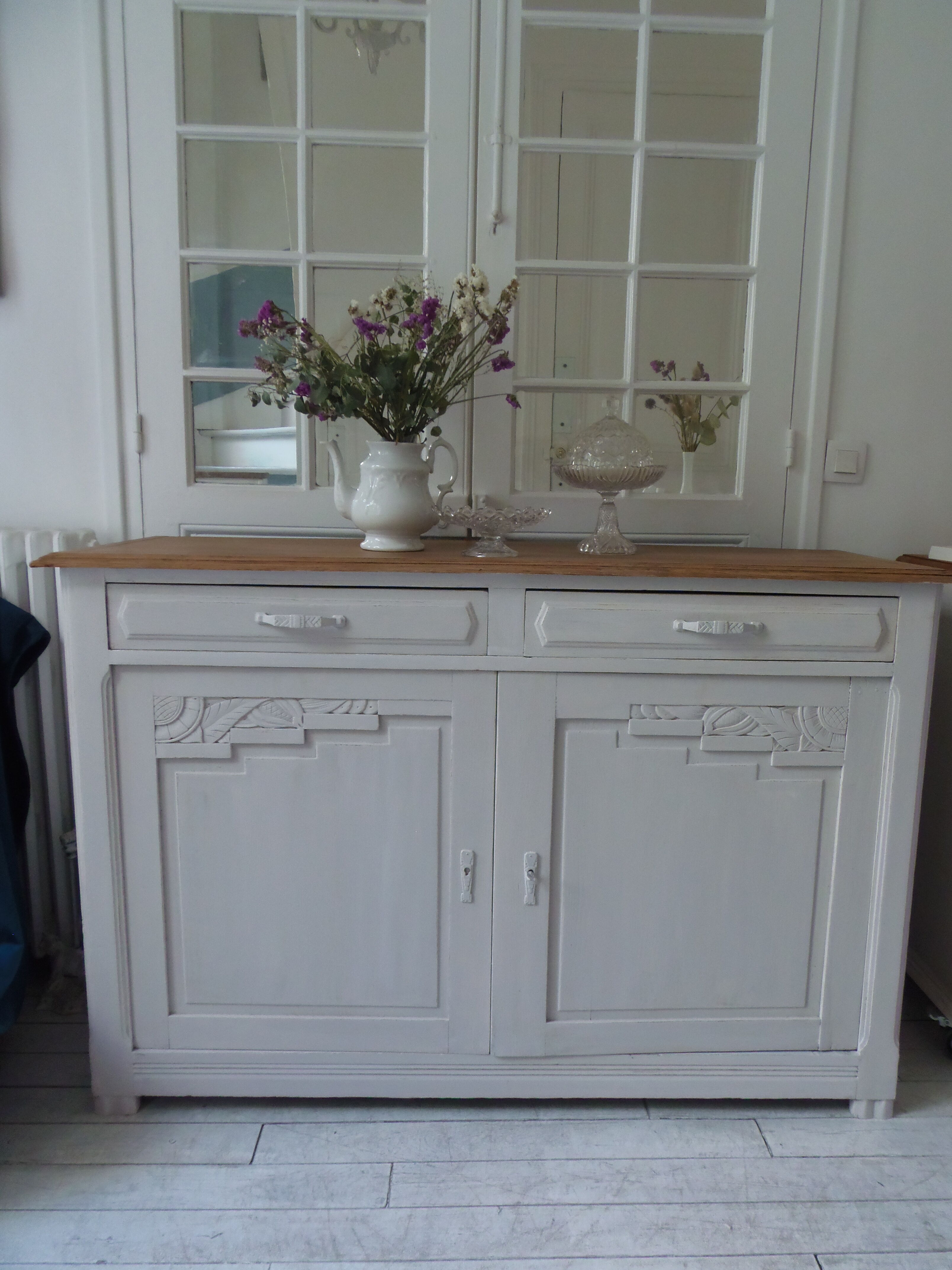 Art Deco sideboard patinated pearl gray, oak top.