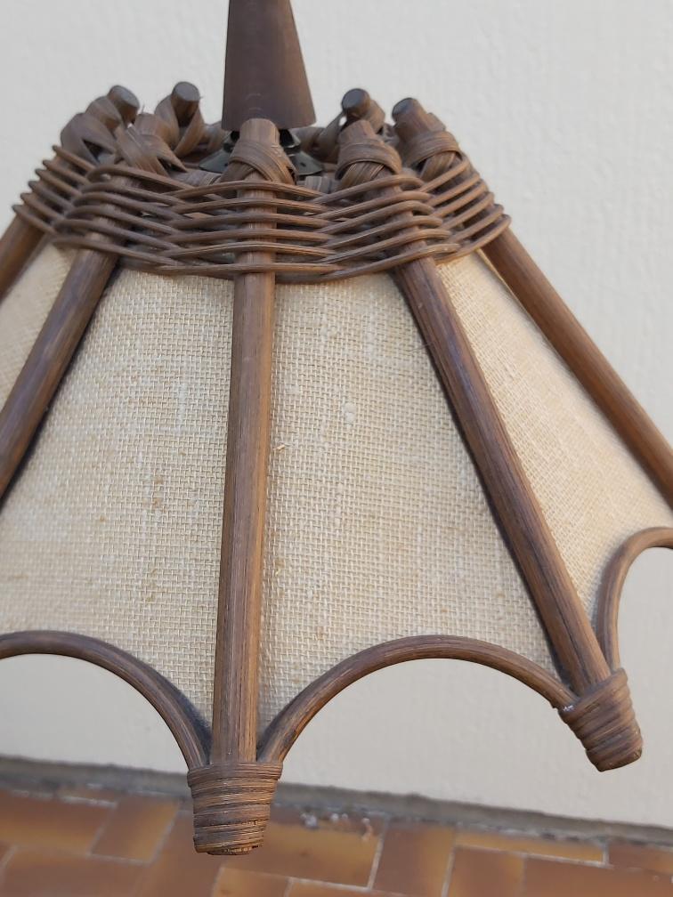 Scandinavian rattan hanging lamp, wood and vintage fabric