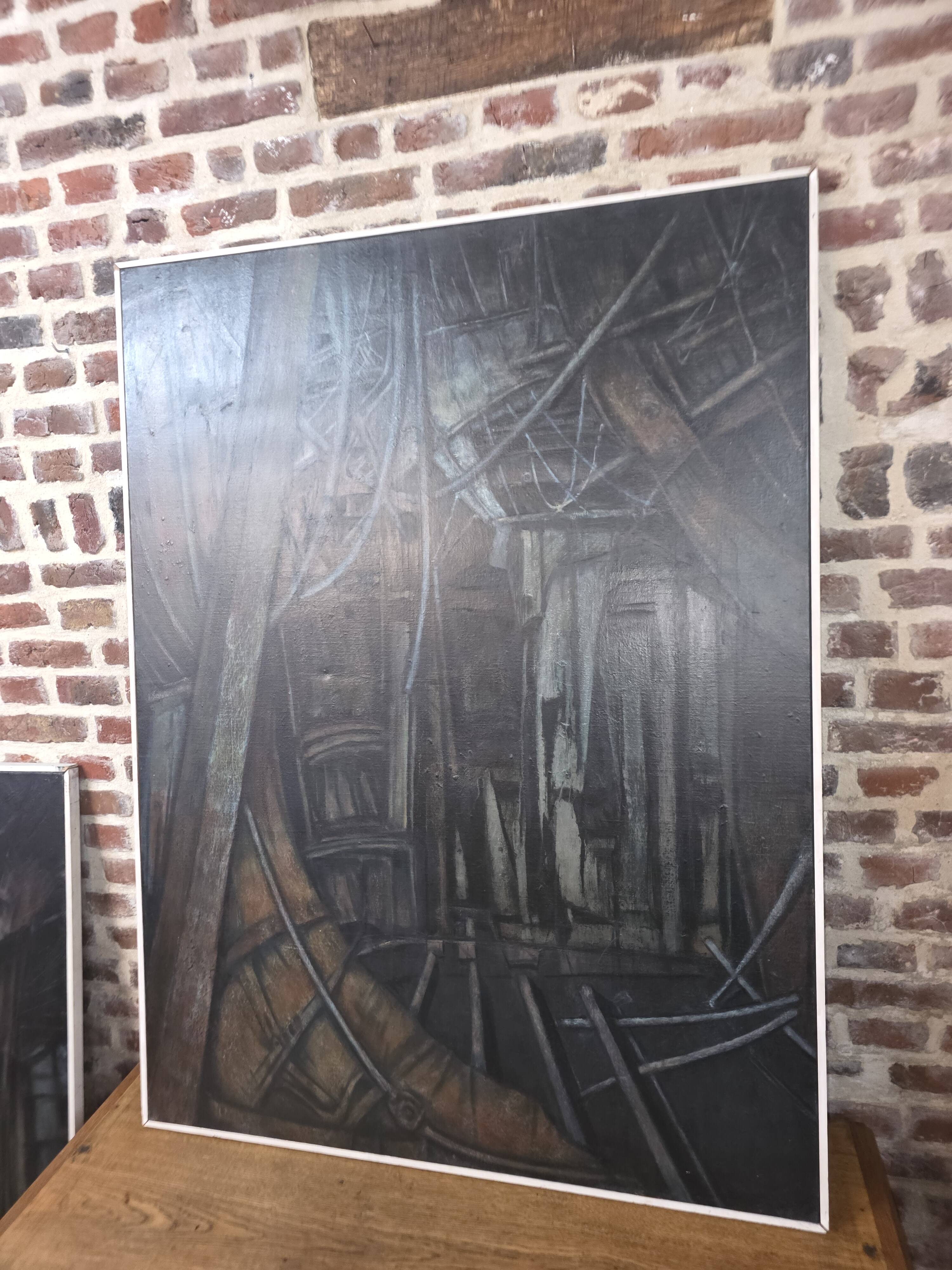 Oil painting on canvas of the interior of a boat from the 50s/70s