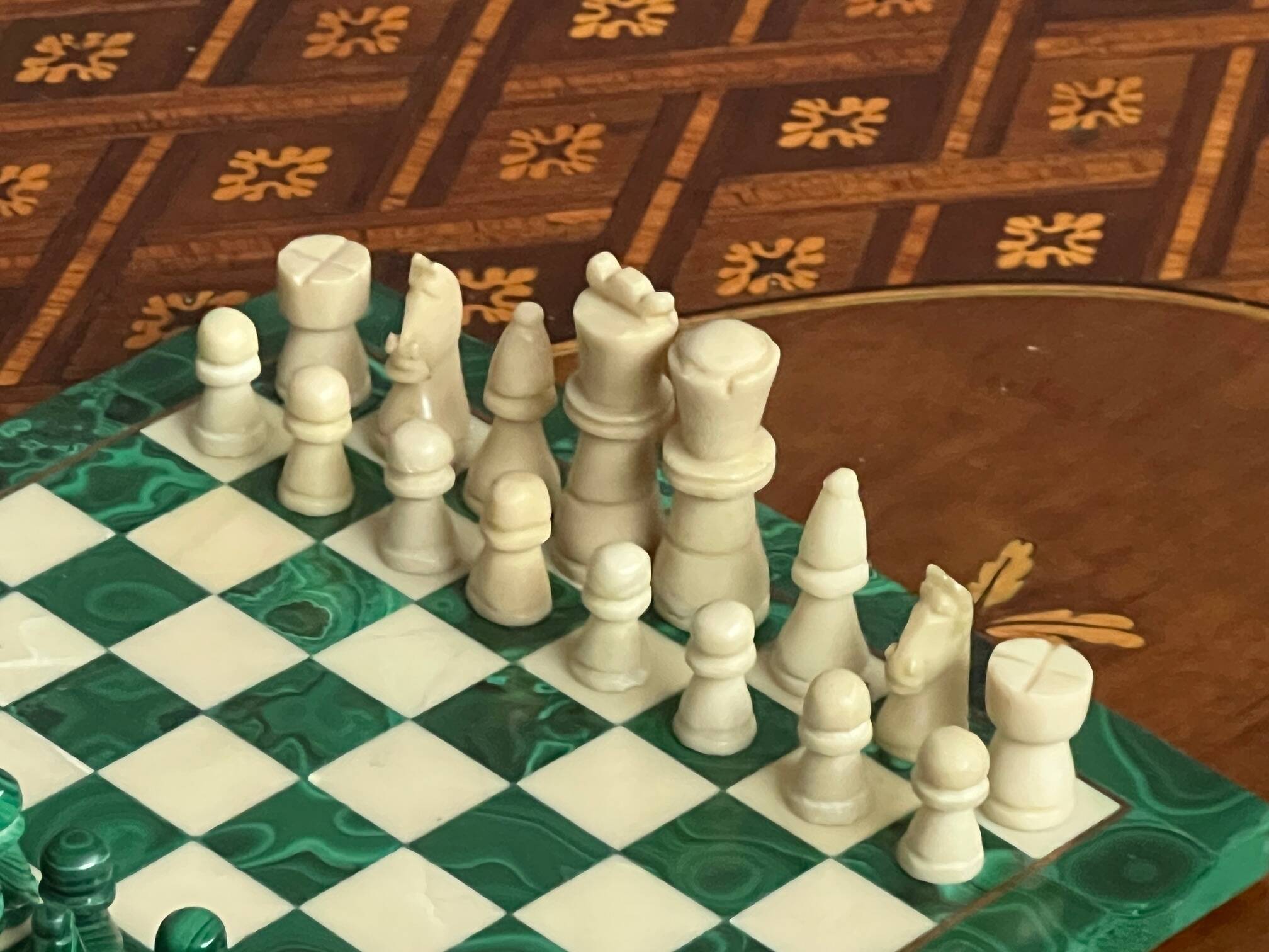 Handmade malachite chess set.