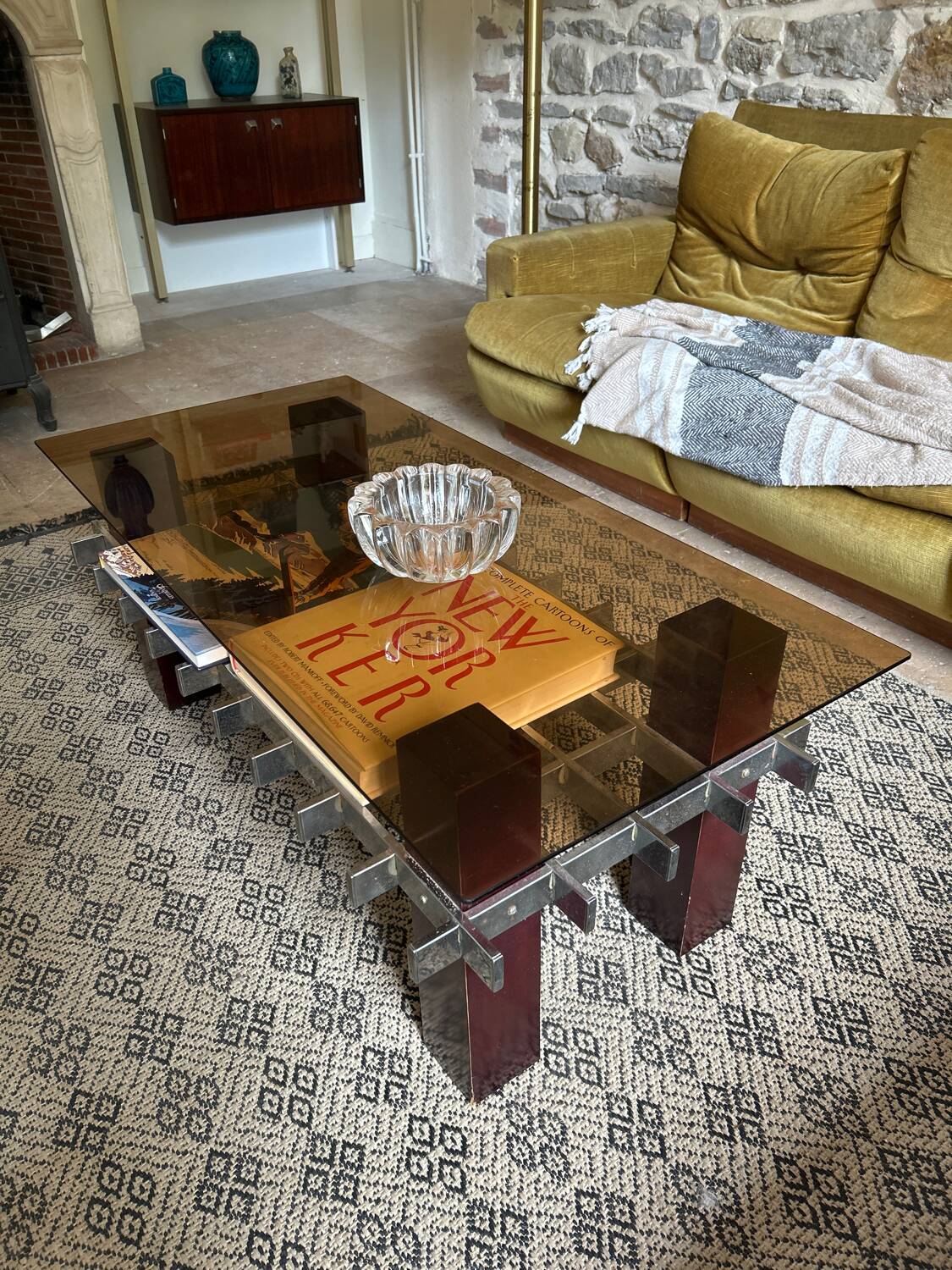 Mid Century 60s 70s glass wood and chrome coffee table