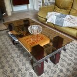 Mid Century 60s 70s glass wood and chrome coffee table