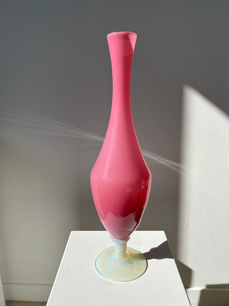Vintage pink opaline glass vase, white foot h: 53cm