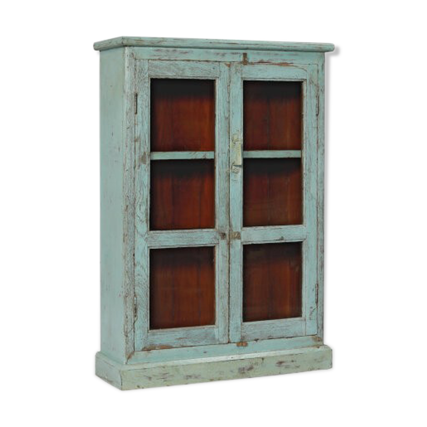 Vitrine murale vieux teck patine bleu piece d'origine inde