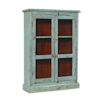 Vitrine murale vieux teck patine bleu piece d'origine inde