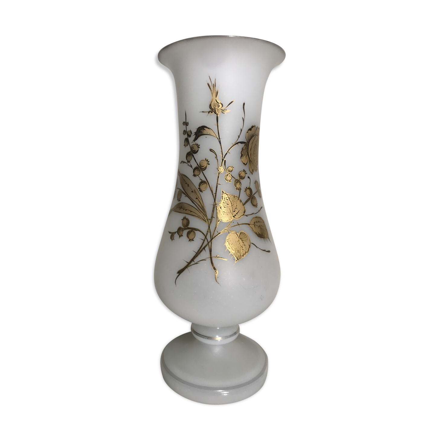 Ancient Glass Vase Opalin White - Drawing Golden Roses Form Vintage Cup