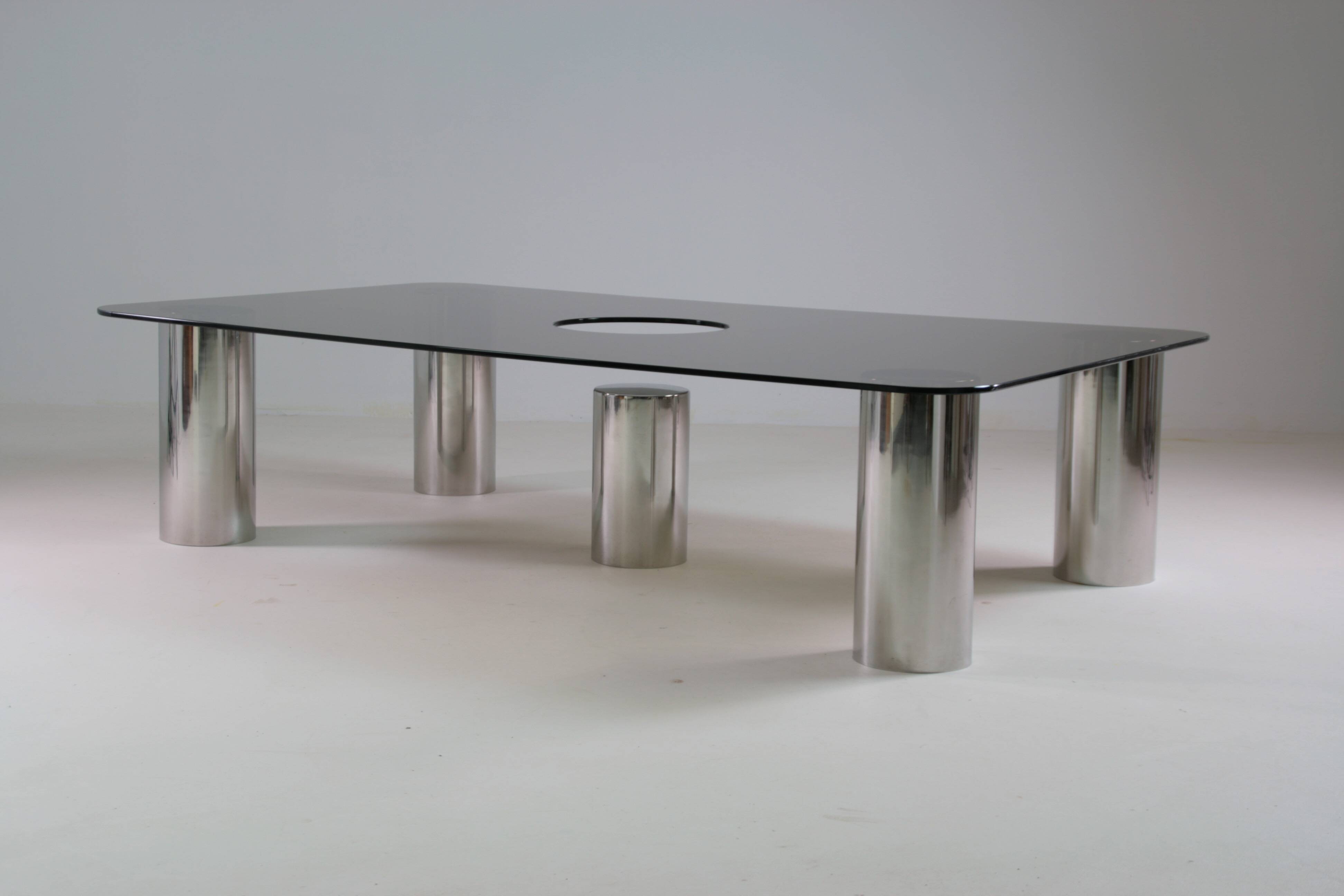 Large coffee table in chromed metal and smoked glass, Italy 1970