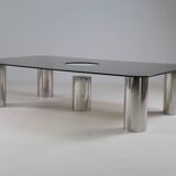 Large coffee table in chromed metal and smoked glass, Italy 1970