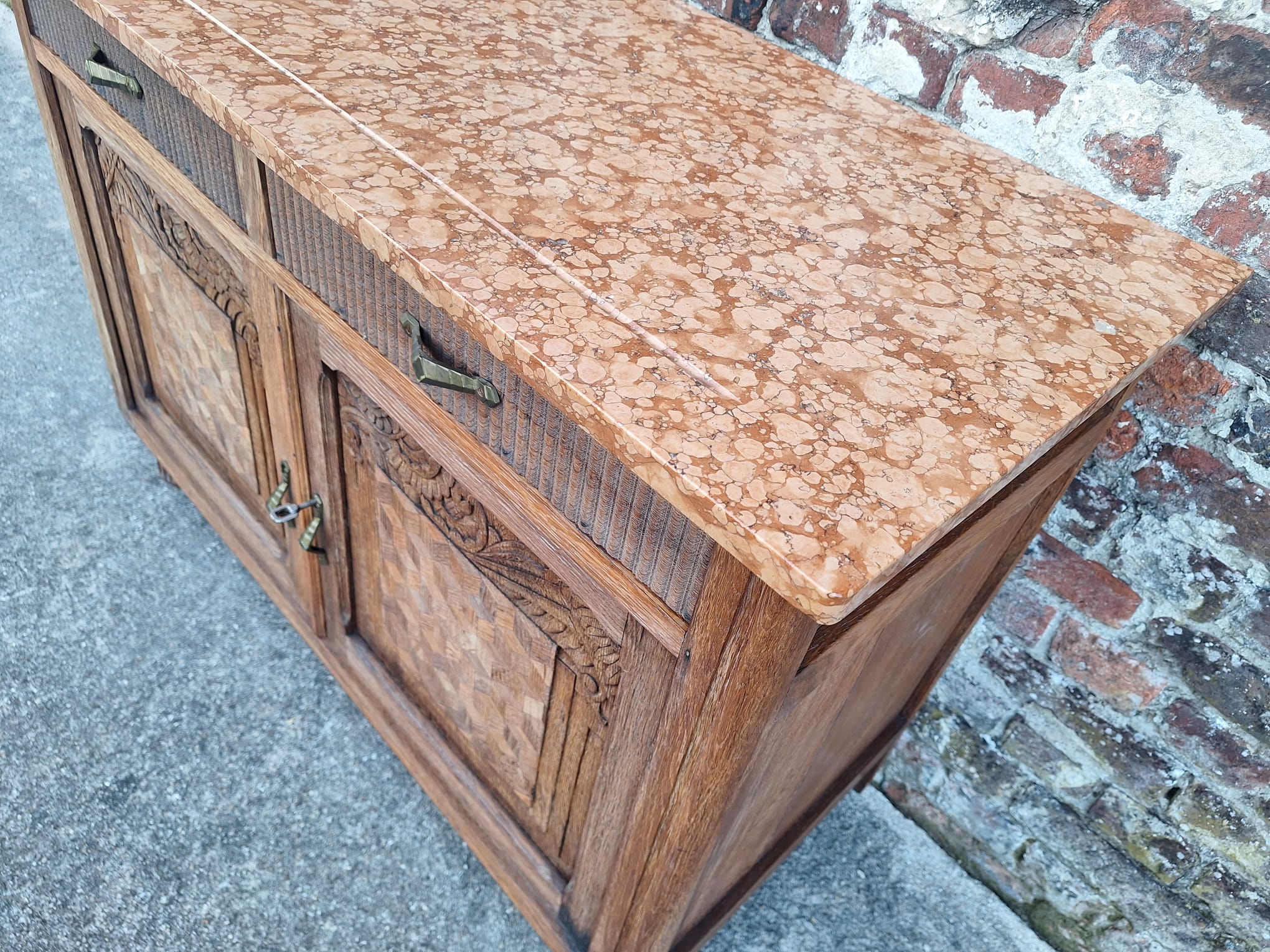 Art Deco buffet with marble top, antique sideboard.