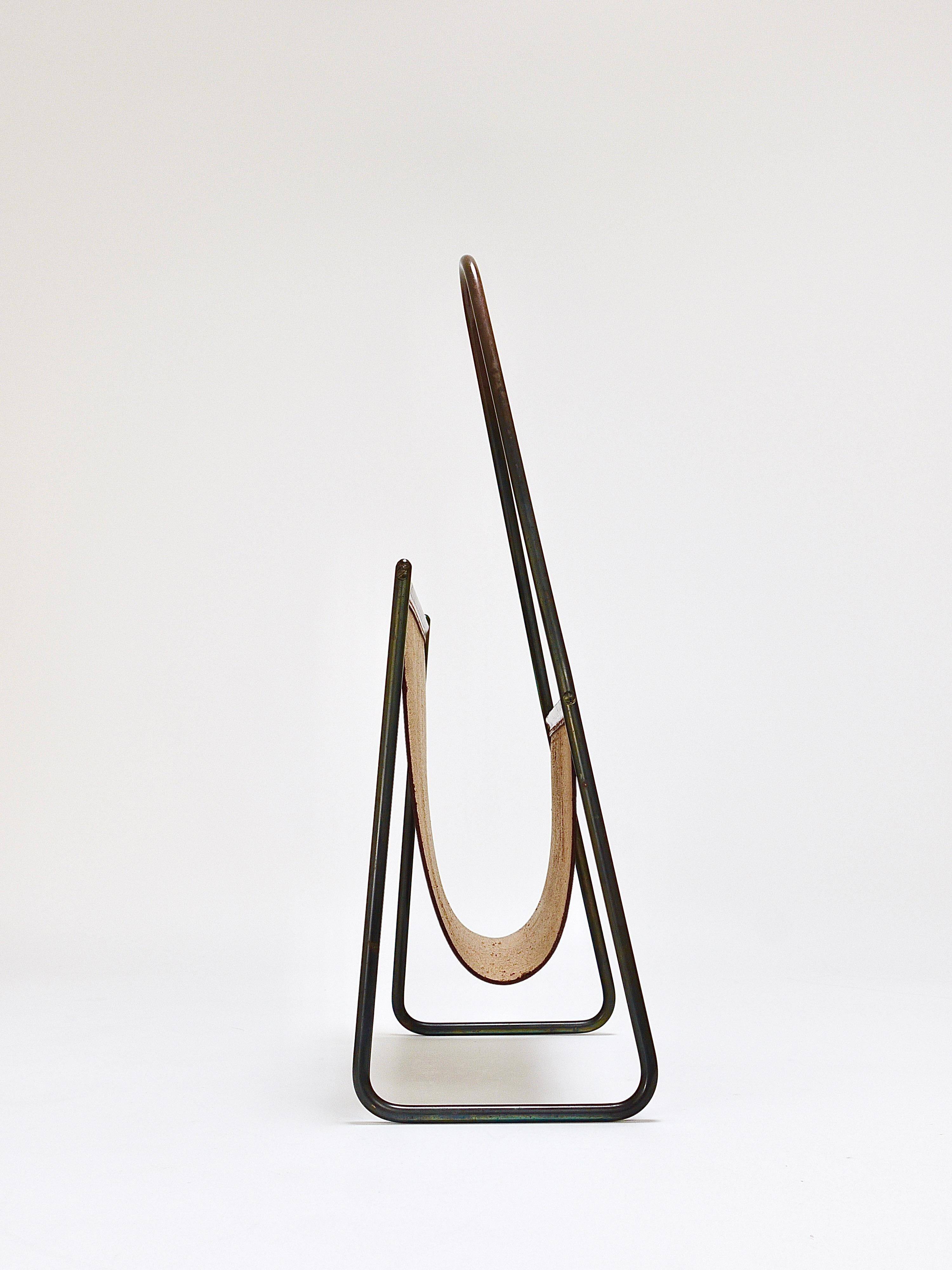 Carl Auböck II Magazine rack Midcentury, brass and brown leather, vintage, Austria