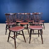 Set of 13 Tacoma Baumann bistro chairs in dark wood and brown leatherette from the 50s