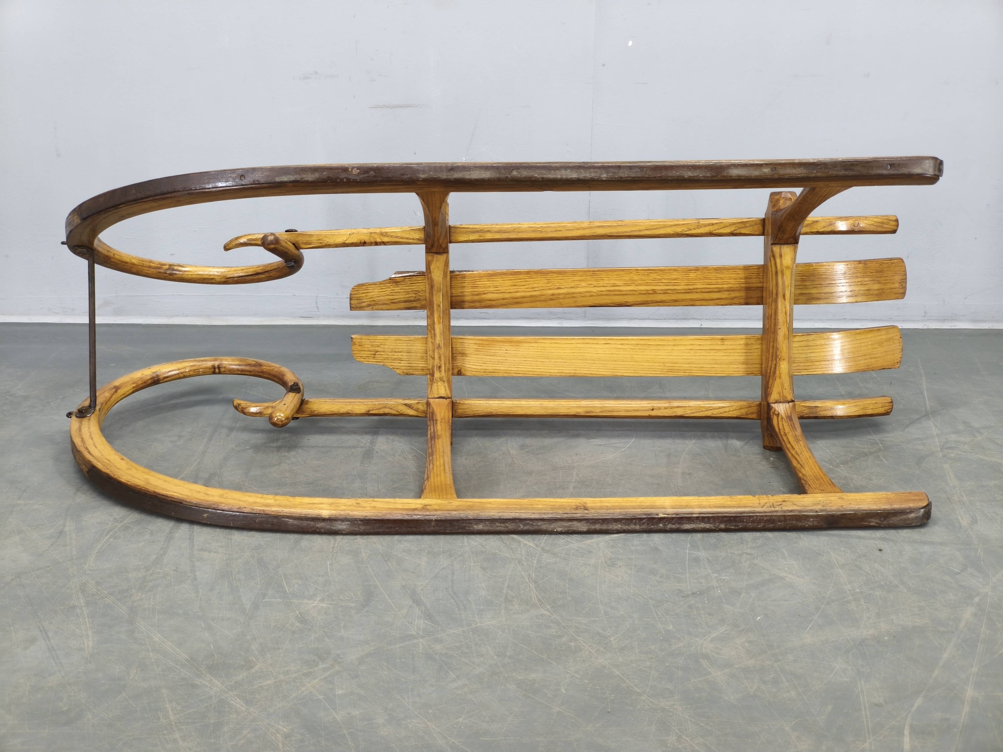 1930s Oak Wooden Sled, Czechoslovakia, Alpine Rustic Piece