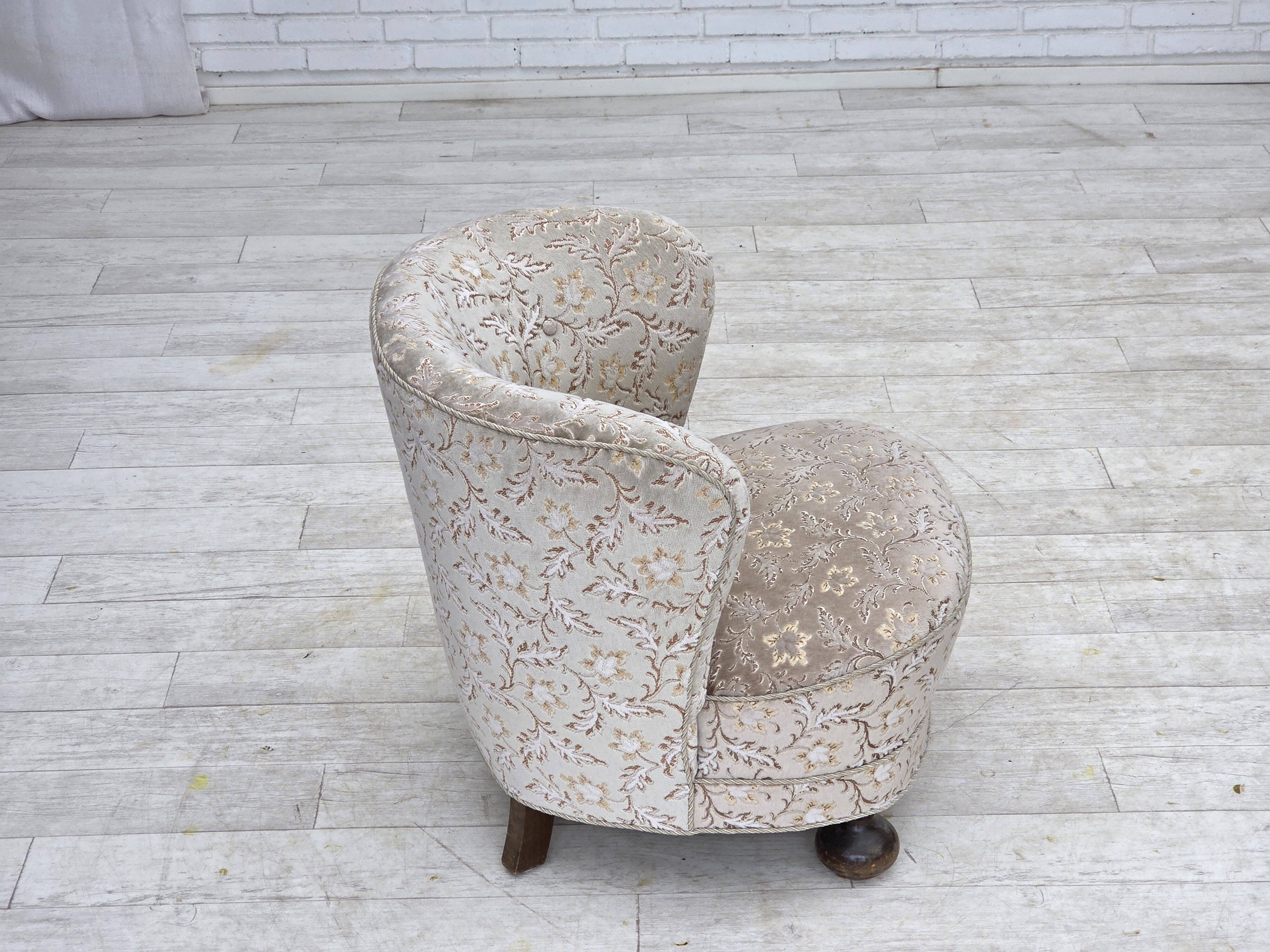 1970s, Danish curved armchair, original light green/gray furniture velour.