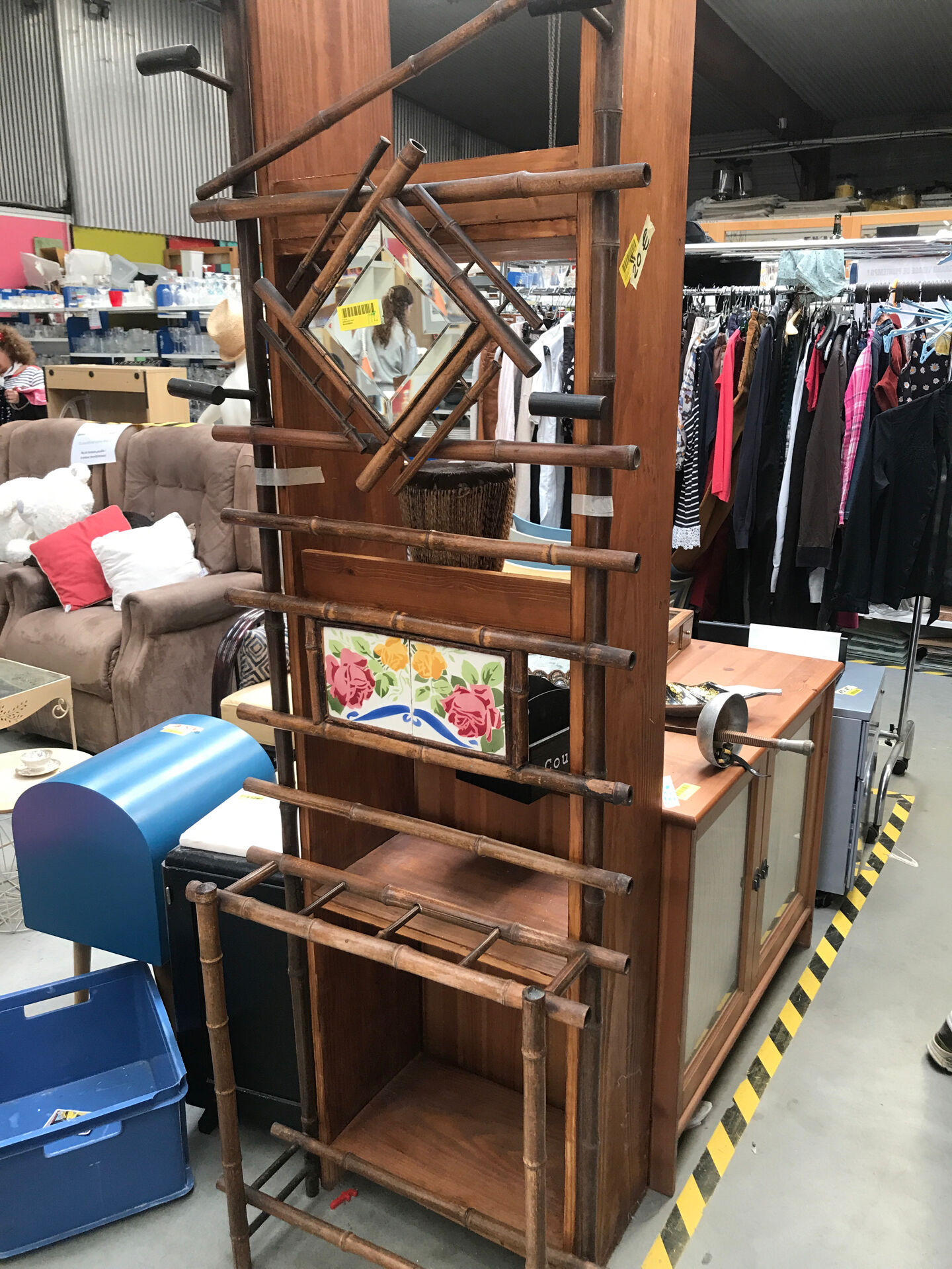 Bamboo coat rack and 1950s mirror