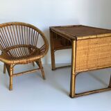 Bureau enfant en rotin avec son fauteuil