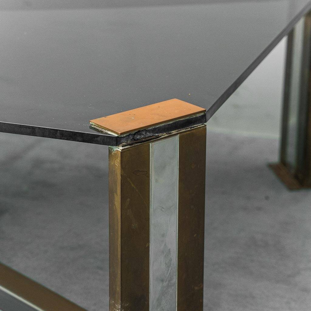 Vintage smoked glass and brass coffee table, 1970s modernism