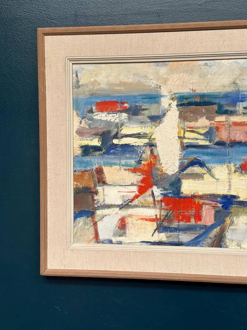 Original Swedish Oil on Canvas - "Abstract Harbour Motif" vintage