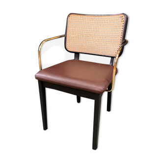 Chaise cannage pieds carrés bois noir cuir chocolat avec accoudoirs