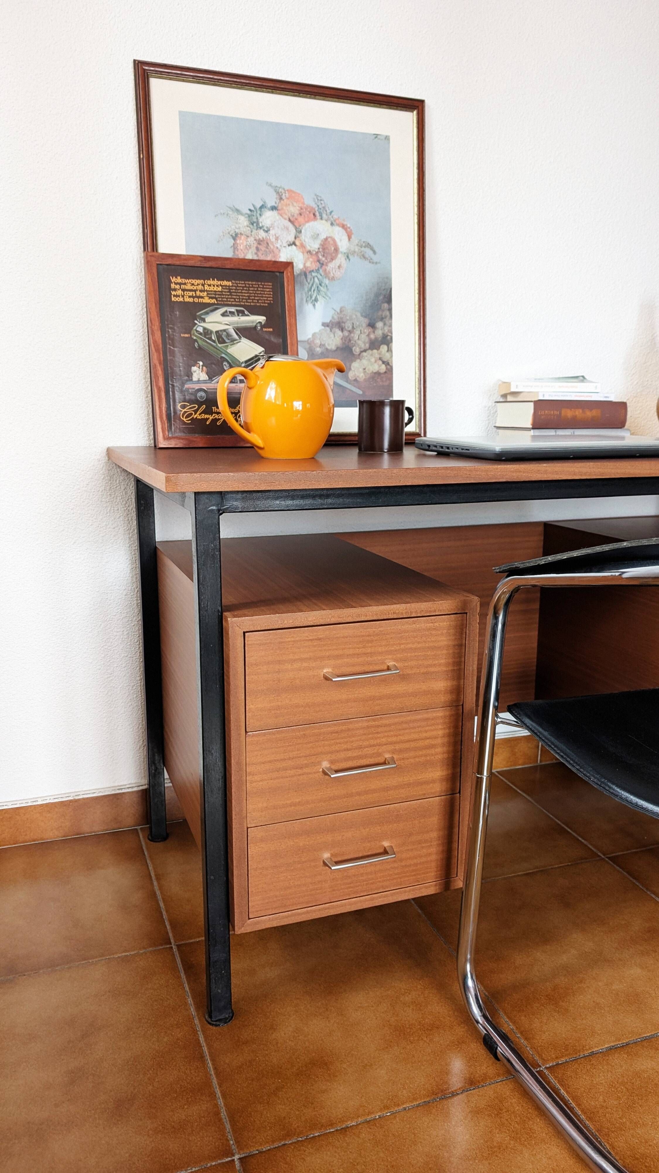 Industrial/craft desk from the 1970s; wood & metal.