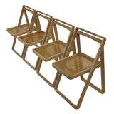 set of four mid century modern folding chairs, wood and webbing chair, italy 1970s design