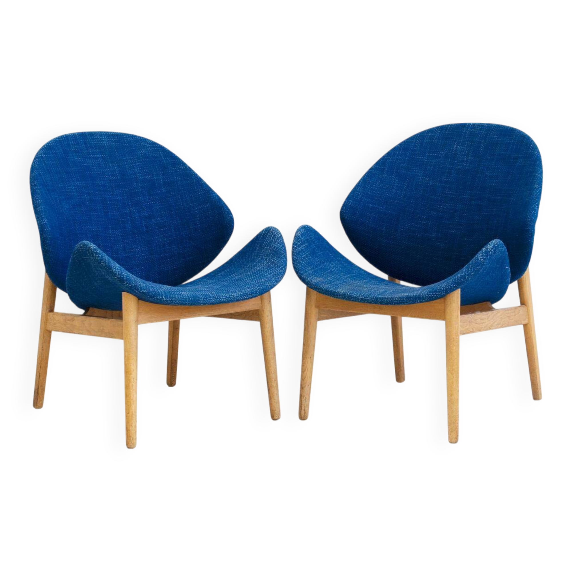 Paire de fauteuils en chêne Hans Olsen Model No 134 avec tapisserie en tissu bleu