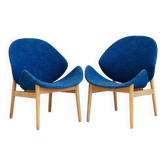 Paire de fauteuils en chêne Hans Olsen Model No 134 avec tapisserie en tissu bleu